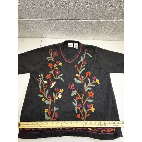 Vintage Bobbie Brooks Floral Embroidered Sweater Felted Black Lg Cottagecore E2‎ - Picture 1 of 14